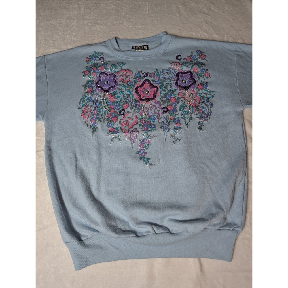 Vintage Skylite Blue Floral Sweatshirt Large 3D Flowers Glitter Grandmacore USA